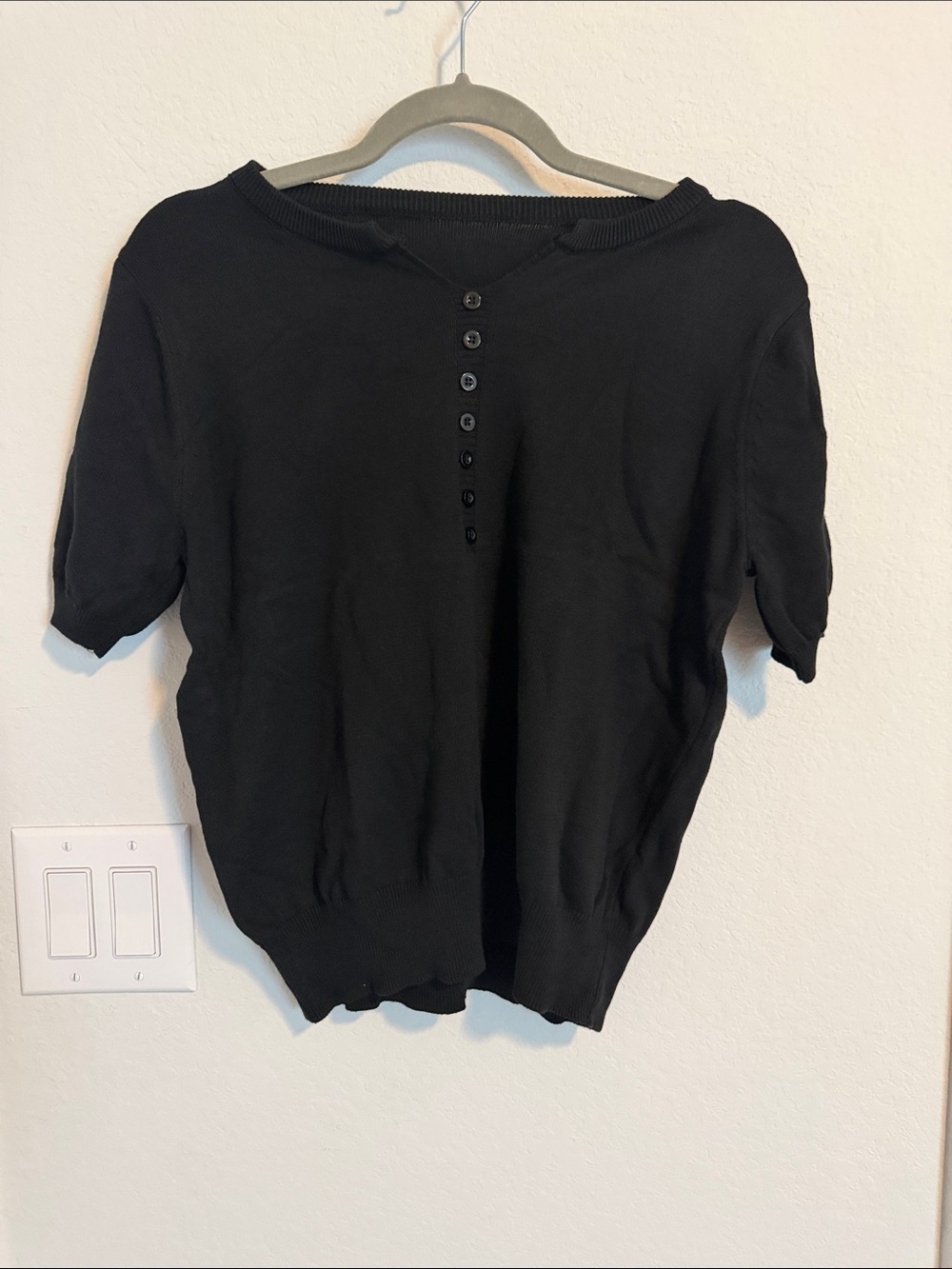 Black Short-Sleeve Button-Up Knit Sweater